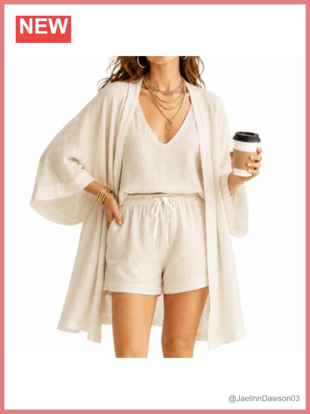 Womens 3 Piece Linen Shorts Set V-Neck Tank Kimono Lounge Vacation